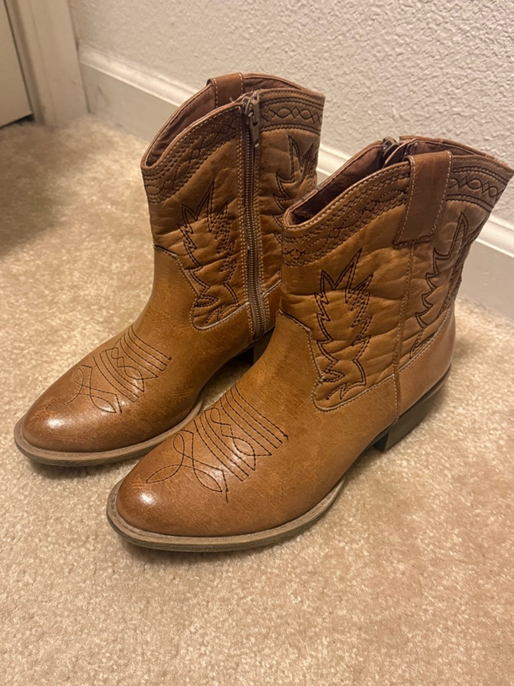 Tan Embroidered Western Ankle Boots - Picture 2 of 3